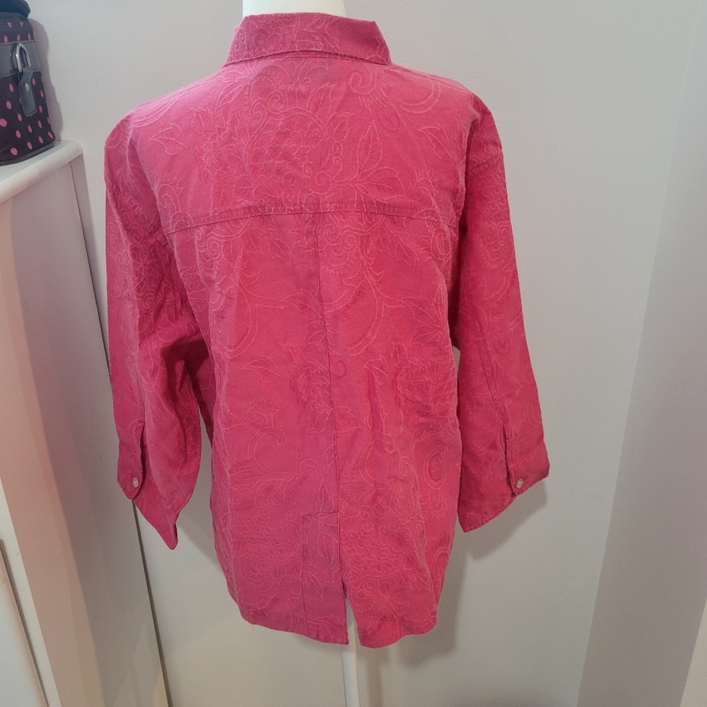 Chicos Linen And Cotton Blend Pink Whimsical Floral Button Up | Large - Picture 4 of 6